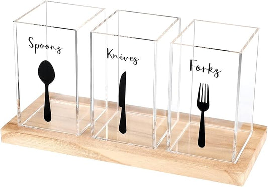 Meanplan Acrylic Utensil Organizer for Countertop Clear Silverware Caddy Countertop Spoon and Fork Holder Flatware Caddy Cutlery Holder with Wooden Tray for Kitchen Storage, Dining Room (Rectangle)