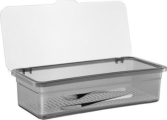Cabilock Silverware Organizer with Lid Drawer organizer Kitchen Flatware Tray holder Utensil Organizer Drawer Countertop Storage Container (Grey)