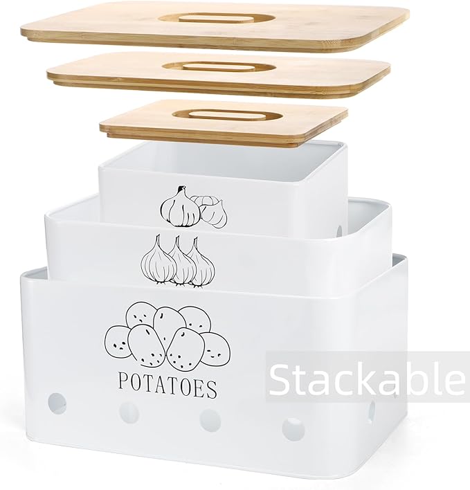 3 Pack Potato Onion Garlic Storage Set, Iron Vegetable Storage Bins with Holes Bamboo Lids, Stackable Kitchen Organization Container Storage Tin for Countertop Pantry