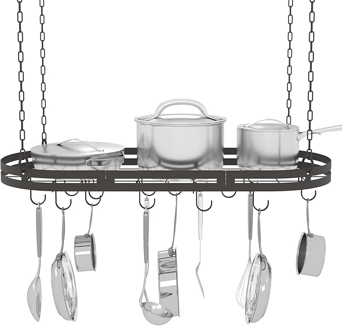 33” Hanging Pot Rack Ceiling Mount, Black Metal Pan Rack Hanging with 15 Hooks, Oval Pots and Pans Hanging Rack, Ceiling Hanging Pot Racks with Grid, Pan and Pot hangers for Kitchen Cookware Utensils