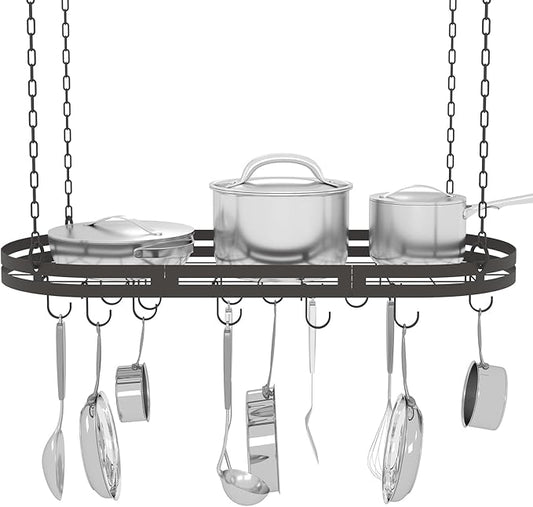 33” Hanging Pot Rack Ceiling Mount, Black Metal Pan Rack Hanging with 15 Hooks, Oval Pots and Pans Hanging Rack, Ceiling Hanging Pot Racks with Grid, Pan and Pot hangers for Kitchen Cookware Utensils