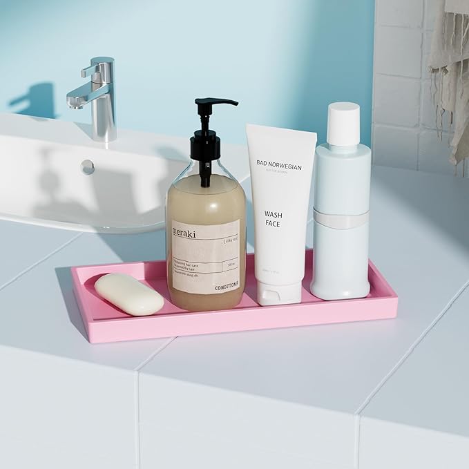Vanity and Bathroom Tray, 9.8" ABS Countertop Organizer,Waterproof Vanity Tray for Toilet Tank,Perfume,Soap,Keys,Bathroom Accessories,Kitchen and Bath Trays,Non Slip Small Trays,Pink