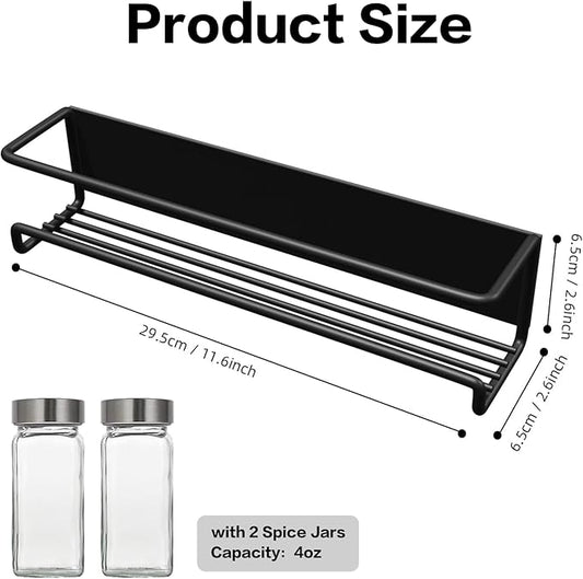 Magnetic Spice Rack for Refrigerator Magnetic Shelf for Side of Refrigerator Microwave Moveable and Powerful Magnetic, with 2 Spice Jars, Space Saving Kitchen Organizer (Black)