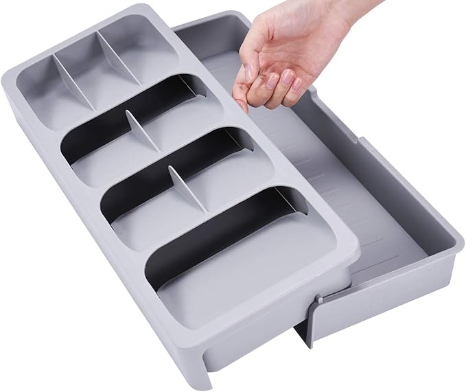 2pcs Expandable Kitchen Drawer Organizer, Adjustable Cutlery Trays and Utensil Holder, Kitchen Drawer Dividers Storage for Silverware, Flatware, Knives, Spoons, Gray