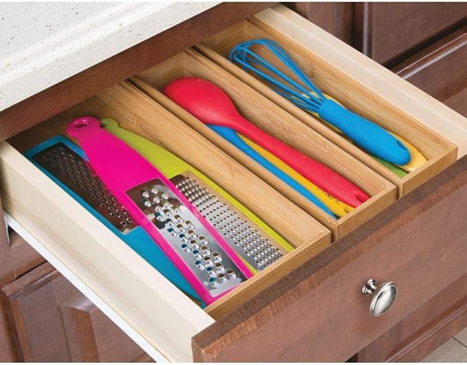 mDesign Slim Wooden Bamboo Drawer Organizer - 12" Long Stackable Storage Box Tray for Kitchen Drawers/Cabinet - Utensil, Silverware, Spatula, Flatware Holder - Echo Collection, 2 Pack, Natural Wood