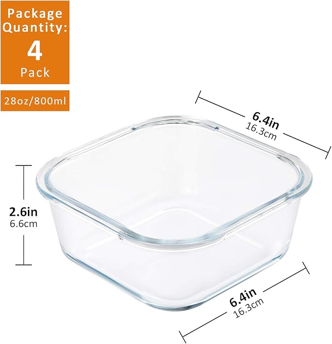 YEBODA Glass Food Storage Containers with Airtight Snap Locking Lids BPA Free Meal Prep Container Set For Home Kitchen Restaurant - Freezer, Microwave, Oven, Dishwasher Safe [28oz, 4 Pack]