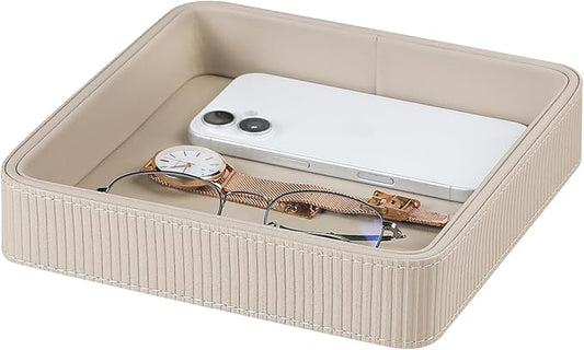 PU Leather Valet Tray Organizer, Small Nightstand Organizer Bedside Desktop Storage for Womens and Men, Perfume Trinket Catchall Vanity Tray for Key Watch Wallet (Beige, Square)