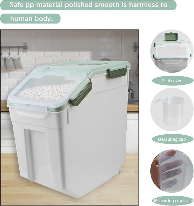 YXQ 25LB Large Flour Storage Container Bin,Green Airtight Plastic with Wheels Seal Locking Lid Dispenser Organizer Storage Bin with Measuring Cup & Scoop for Flour, Rice, Grain，Set of 4