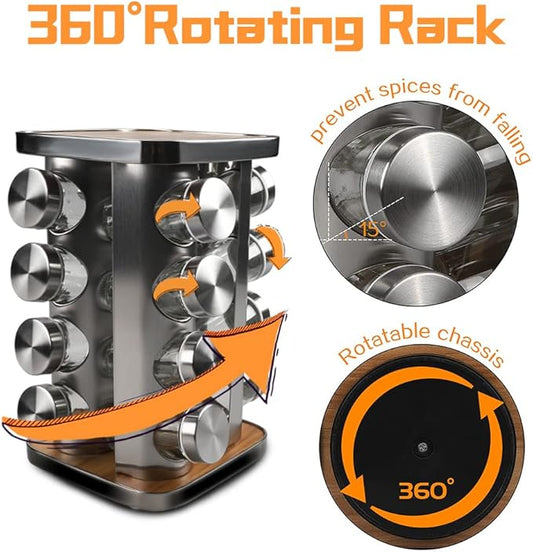 Revolving Countertop Spice Rack, 16 Jars Stainless Steel Rotating Seasoning Storage Organizer for Cabinet, Spice Carousel Tower for Kitchen