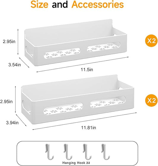 4 Pack Magnetic Spice Rack for Refrigerator, Moveable Magnetic Shelf Fridge Organizer with 4 Hooks and 2 Hanging Cups for Kitchen Organization, White