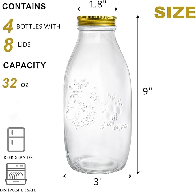 ZOOFOX 4 Pack 32 oz Glass Milk Bottle with Lids, Vintage Milk Container for Refrigerator, Glass Juice Bottles, Reusable Dairy Drinking Containers for Almond Milk, Yogurt, Smoothies, Maple Syrup, Jam