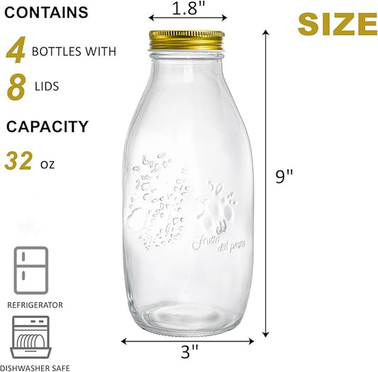 ZOOFOX 4 Pack 32 oz Glass Milk Bottle with Lids, Vintage Milk Container for Refrigerator, Glass Juice Bottles, Reusable Dairy Drinking Containers for Almond Milk, Yogurt, Smoothies, Maple Syrup, Jam