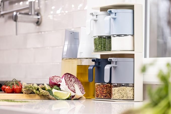 Zuutii Glass Spice Jars Moisture-Proof Spice Containers with Spoons,10oz Salt Bottles, Mini Seasoning Storage Jars with Flapper Caps for Sugar, Peppers, Chili in Kitchen (Light Blue)