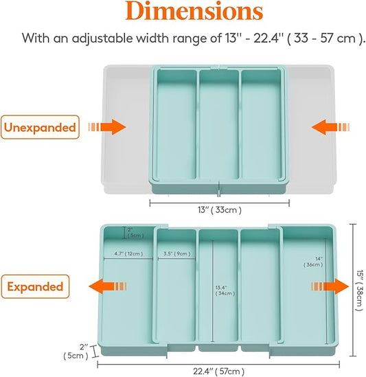 Lifewit Utensil Organizer for Kitchen Drawers, Expandable Cooking Utensil Tray, Adjustable Cutlery Silverware Flatware Holder, Plastic Kitchen Tools and Gadgets Storage Divider, 2 Pack, Turquoise