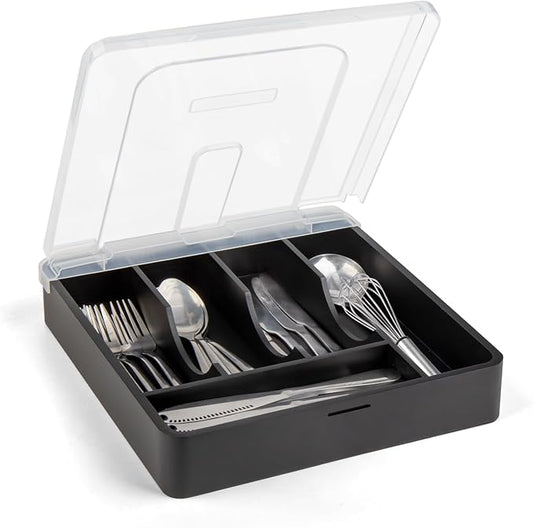 Utensil Holder for Countertop with Lid, Plastic Silverware Tray for Drawer, 5 Compartments Flatware Organizer, Black