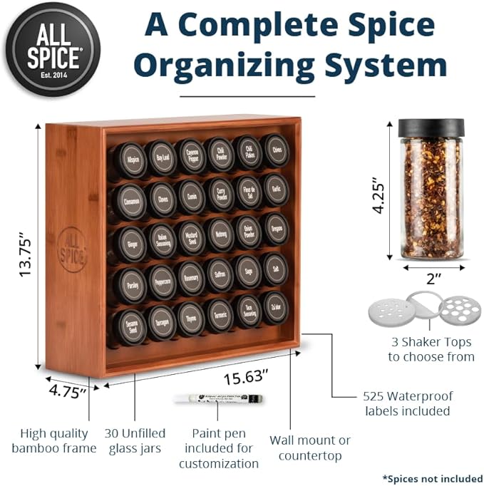 AllSpice Wood Spice Rack Organizer, 525 Unique Labels, Countertop or Wall Mount, Includes 30 4oz Jars- Cherry Stain