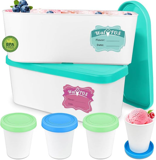 Walfos Ice Cream Containers for Homemade Ice Cream - 1.6 Quart & 8 oz. Set, Bonus Sealing Bands Keeping Silicone Lids Airtight, Reusable Ice Cream Tubs, Stackable Freezer Storage Container - Blue