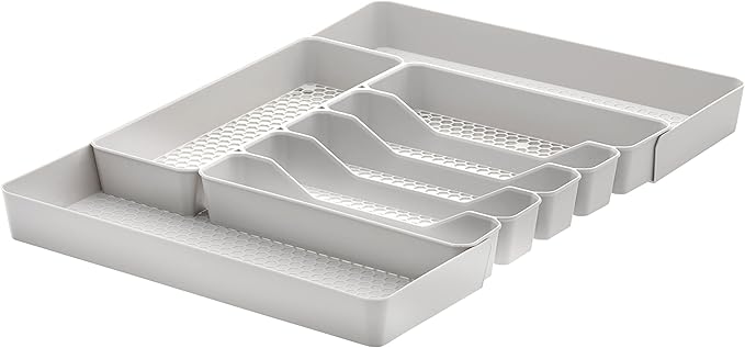 Spectrum Hexa 6-Divider Expandable Silverware Tray (Stone Gray) - in-Drawer Organizer for Kitchen Accessories, Cutlery, Knives, & More/Easy-to-Clean Home & Apartment Essential
