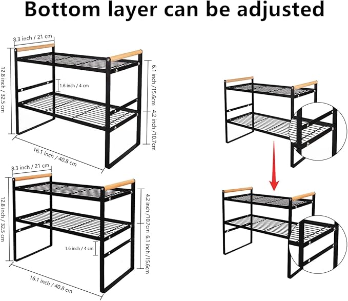 2-Tier Kitchen Countertop Shelf, Iron and Wooden Construction, 16.1 x 8.3 x 12.8 Inches, Black Color, Ideal for Organizing Kitchen Items