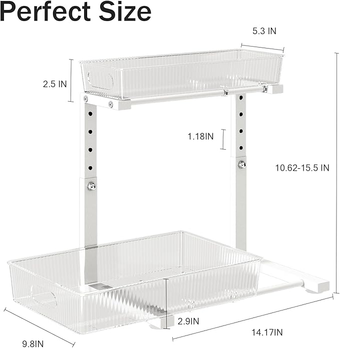 1 Pack 10.62"-15.5" H Acrylic Bathroom Under Sink Organizers And Storage Height Adjustable,2-Tier Pull Out Under Cabinet Shelf Organizer,Multi-Use Slide Out Drawer For Kitchen Laundry-White