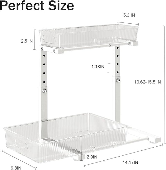 1 Pack 10.62"-15.5" H Acrylic Bathroom Under Sink Organizers And Storage Height Adjustable,2-Tier Pull Out Under Cabinet Shelf Organizer,Multi-Use Slide Out Drawer For Kitchen Laundry-White