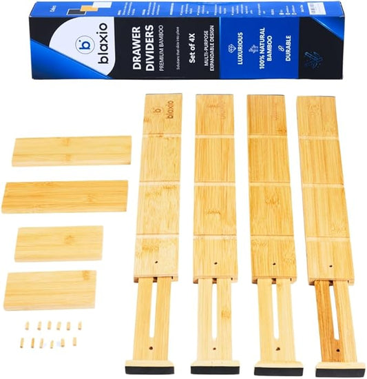 Adjustable Drawer Dividers Pack of 4 with Inserts, Set Kitchen Drawer Organizer for Utensils, Spice Organization, Deep Drawers and Baby Clothes