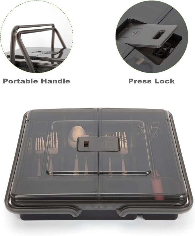 Silverware Organizer with Cover, Portable Cutlery Holder Flatware Tray with Lid Plastic Silverware Storage Box 5 Compartments for Kitchen Drawer (black)