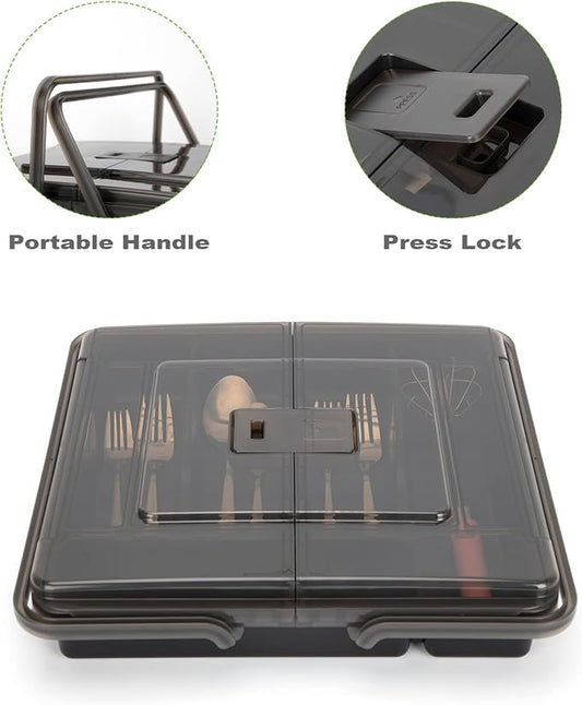 Silverware Organizer with Cover, Portable Cutlery Holder Flatware Tray with Lid Plastic Silverware Storage Box 5 Compartments for Kitchen Drawer (black)