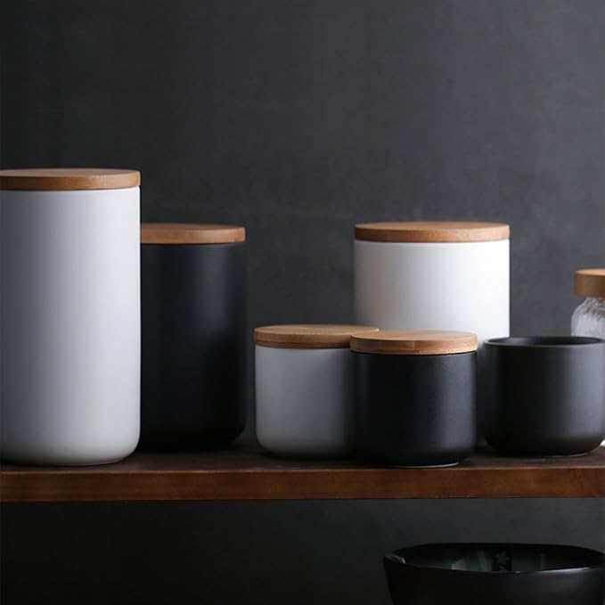 1000ml/34 oz Air Tight Jars Ceramic Storage Containers with Airtight Seal Bamboo Lids Kitchen Canisters for Tea Sugar Coffee Spice Seasoning And More
