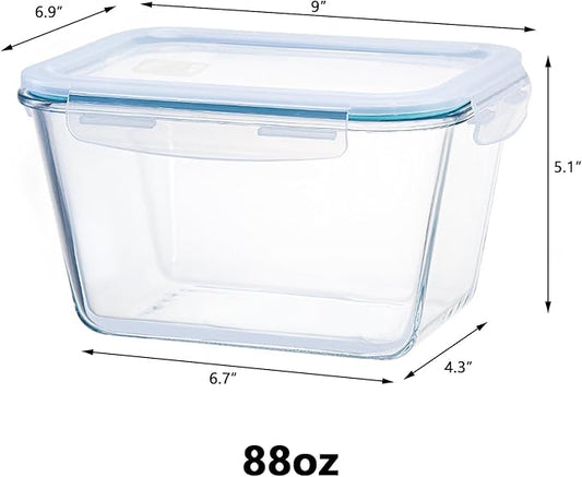2600 ML /88oz/ 11 Cup LARGE Glass Food Storage Container with Airtight Locking Lid for Storing food, Vegetables, Fruits Roasting Turkey Freezer Microwave & Oven Safe Leak Proof Stackable