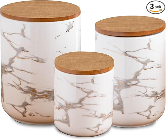 White Kitchen Canister Set of 3, Kitchen Countertop Ceramic Jars with Airtight Wood Lids, Storage Containers for Coffee Beans, Tea, flour, Grains, Salt, Marble Pattern
