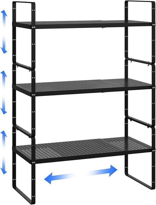 Expandable Kitchen Cabinet Shelf Organizer Rack Heavy Duty Metal Spice Rack Stackable Kitchen Counter Storage Shelf for Kitchen Cabinet Pantry Bathroom (Black - 16.5"-27" L x 10.2" W x 9.6" H - 3Pack)