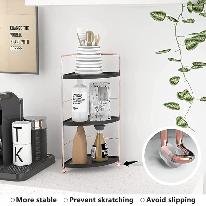 3-Tier Bathroom Countertop Organizer, Vanity Tray Cosmetic & Makeup Storage, Kitchen Spice Rack Standing Shelf, Corner Storage Shelf, Black & Rose Gold