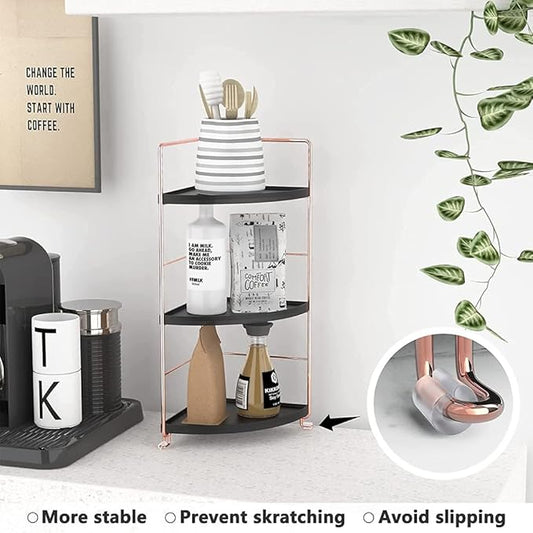 3-Tier Bathroom Countertop Organizer, Vanity Tray Cosmetic & Makeup Storage, Kitchen Spice Rack Standing Shelf, Corner Storage Shelf, Black & Rose Gold