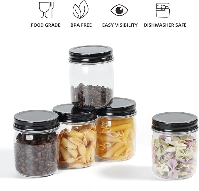 8 Ounce Clear Plastic Mason Jars With Screw On Lid, Reusable Empty Jars for Food Storage, Round BPA Free Containers for Sealing, Dry Food, Snacks, Candies, Breakage-proof, (Black - 16 Pack)