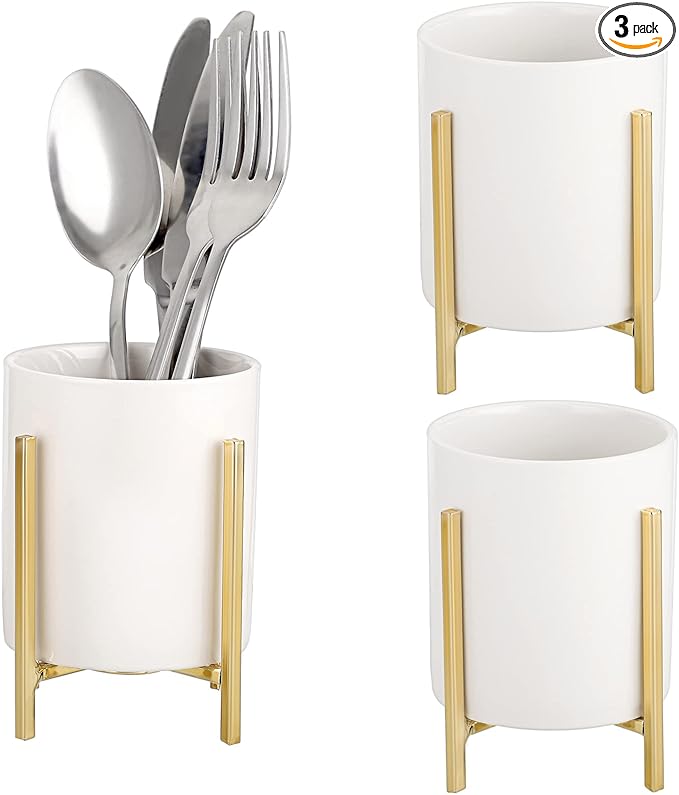 JUXYES Pack of 3 Ceramic Silverware Holder For Party Table, White Cutlery Holder Holder With Golden Metal Bracket, Small Flatware Caddy Organizer Utensil Holder Organizer for Kitchen Dining Tables