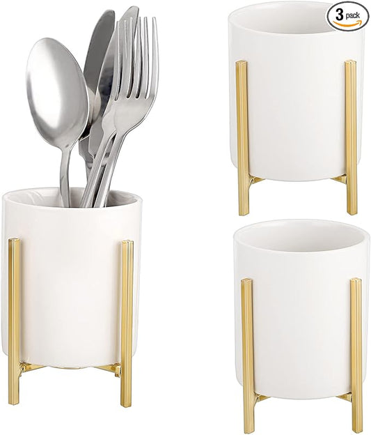 JUXYES Pack of 3 Ceramic Silverware Holder For Party Table, White Cutlery Holder Holder With Golden Metal Bracket, Small Flatware Caddy Organizer Utensil Holder Organizer for Kitchen Dining Tables