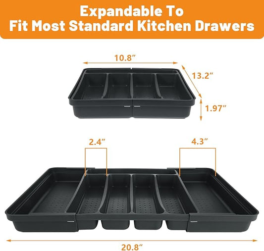 Expandable Silverware Drawer Organizer, Adjustable Kitchen Utensil Tray, Cutlery Flatware Organizer for Forks, Spoons, Knives (Large, Grey)