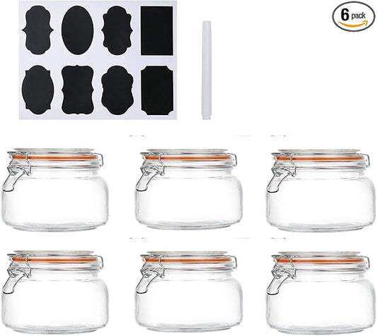 Encheng 16 oz Glass Jars With Airtight Lids And Leak Proof Rubber Gasket,Wide Mouth Mason Jars With Hinged Lids For Kitchen,Glass Storage Containers 6 Pack