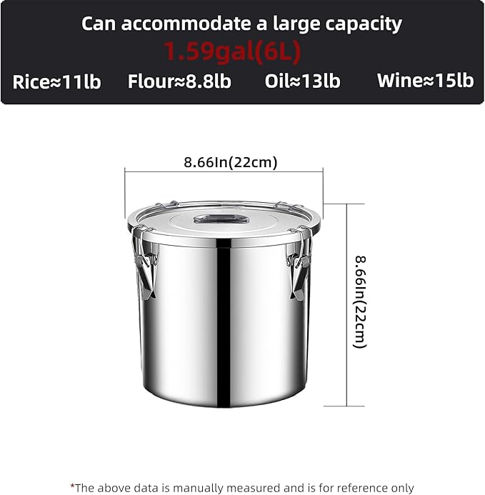 stainless steel food storage containers with lids lock clips airtight container large airtight for rice flour sugar grain coffee bean storage containers Kitchen jar (1.59gal/6L)