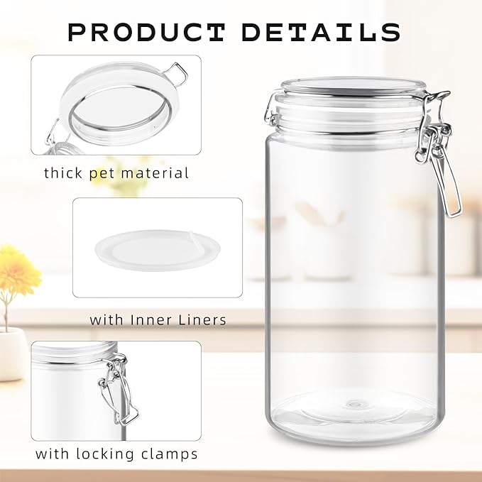 2 Pack 50OZ/1500ml Plastic Storage Containers with Lids Large Plastic Jar with Locking Clamp Acrylic Canisters For Nuts Sugar Coffee Candy Cookie Spices And More