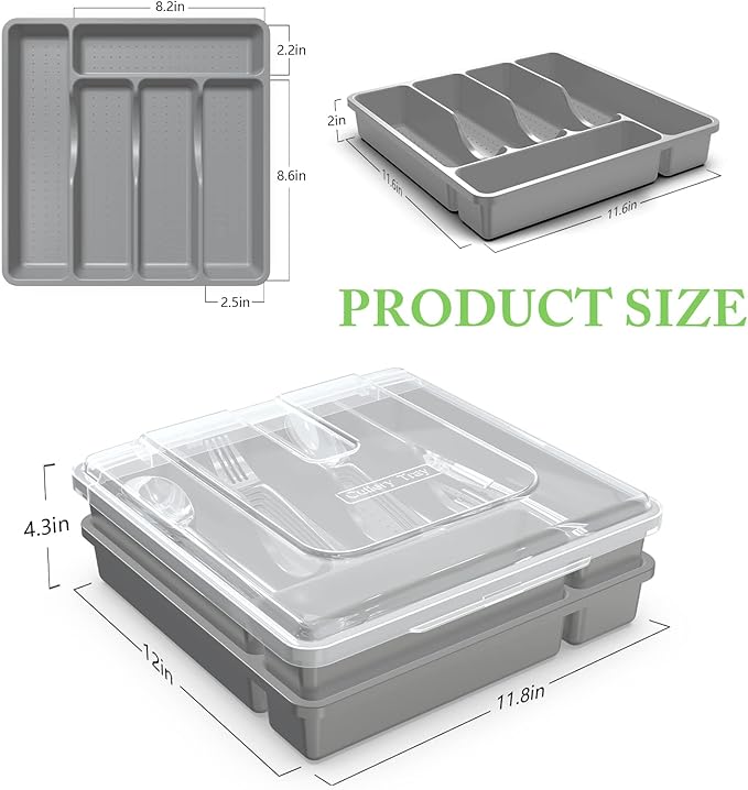 Silverware Organizer with Lid for Drawer, Plastic Utensil Holder for Countertop, Flatware Organizer Cutlery Tray with Cover 5 Compartments (2 Layer-Gray)