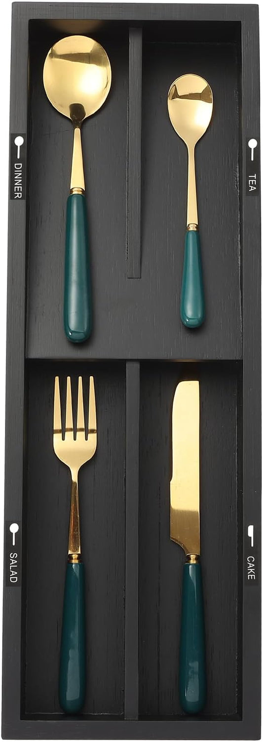 Bamboo Silverware Drawer Organizer with Labels,Kitchen Small Narrow Utensil Drawer Organizer,Kitchen Utensil Tray Holder Organizer for Flatware,Cutlery,Spoon,Knives Drawer Organization (Black, Small)