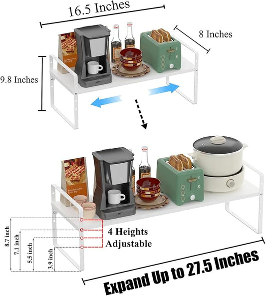 Expandable Kitchen Cabinet Shelf Organizers, Stackable Metal Pantry Storage Shelves Rack, Adjustable Counter Spice Shelf for Cabinets, Countertop, Cupboard Organizers and Storage, White