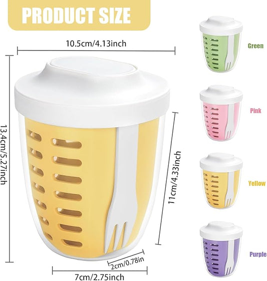 20oz Fruit Salad Storage Cup with Lids and Fork, Reusable Plastic Fruit Storage Containers for fridge with Drain Baskets, BPA-Free & Leak-Proof, Keep Fruits, Vegetables Fresh Longer (Yellow)