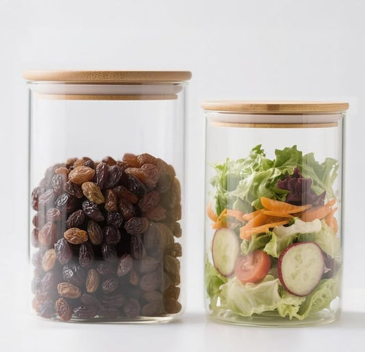Glass Food Storage Jars with Airtight Lids, 33 oz Clear Glass Jar with Bamboo Lid, Airtight Food Canister for Tea, Candy, Coffee, Sugar, Cookie, Snack. (Round | 5+6 Inch)