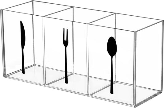 Clear Acrylic Cutlery Storage Organizer, Transparent Silverware Caddy 3 Section Tableware Plastic Holder for Kitchen Indoor Outdoor Decoration Supplies