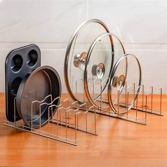 SANNO Pot Lid Holder Organizer, Rack Holder Rest Storage, for Pot Lids, Plates, Cutting Boards, Bakeware, Cooling Rack, Serving Trays, Total 8 Compartments, Stainless Steel