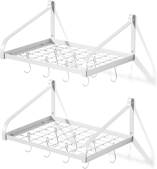 Love-KANKEI Pot Rack Wall Mounted Set of 2 Pan Pot Organizer Wall Shelves with 16 Hooks for Kitchen Cookware Utensils Organization White