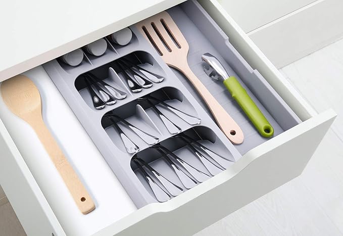 2pcs Expandable Kitchen Drawer Organizer, Adjustable Cutlery Trays and Utensil Holder, Kitchen Drawer Dividers Storage for Silverware, Flatware, Knives, Spoons, Gray